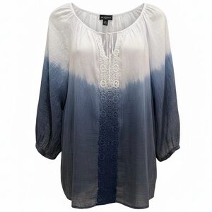 I.N. Studio women’s boho blue ombre pullover tie lace front pheasant top 2x